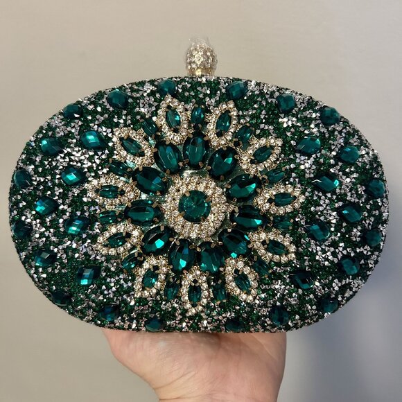 Ramla Handbags - Ramla Bejeweled Crystal Evening Bag Emerald Green Chain Strap Top Handle Formal